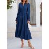 imagePRETTYGARDEN Long Sleeve Dress for Women Fall V Neck Tiered A Line Spring Elegant Modest Flowy Wedding Guest Maxi DressesDark Blue