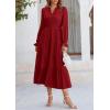 imagePRETTYGARDEN Long Sleeve Dress for Women Fall V Neck Tiered A Line Spring Elegant Modest Flowy Wedding Guest Maxi DressesJujube Red