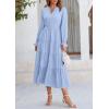 imagePRETTYGARDEN Long Sleeve Dress for Women Fall V Neck Tiered A Line Spring Elegant Modest Flowy Wedding Guest Maxi DressesLight Blue
