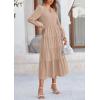 imagePRETTYGARDEN Long Sleeve Dress for Women Fall V Neck Tiered A Line Spring Elegant Modest Flowy Wedding Guest Maxi DressesLight Khaki