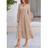 imagePRETTYGARDEN Long Sleeve Dress for Women Fall V Neck Tiered A Line Spring Elegant Modest Flowy Wedding Guest Maxi DressesLight Khaki