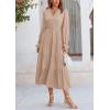 imagePRETTYGARDEN Long Sleeve Dress for Women Fall V Neck Tiered A Line Spring Elegant Modest Flowy Wedding Guest Maxi DressesLight Khaki