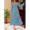 imagePRETTYGARDEN Spring Dresses for Women 2026 Casual Long Sleeve Smocked Ruffle Flowy Elegant Wedding Guest Maxi Dress PocketsDusty Blue