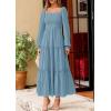 imagePRETTYGARDEN Spring Dresses for Women 2026 Casual Long Sleeve Smocked Ruffle Flowy Elegant Wedding Guest Maxi Dress PocketsDusty Blue