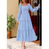 imagePRETTYGARDEN Spring Dresses for Women 2026 Casual Long Sleeve Smocked Ruffle Flowy Elegant Wedding Guest Maxi Dress PocketsLight Blue
