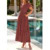 imagePRETTYGARDEN Summer Dresses for Women 2026 Eyelet Square Neck Puff Sleeve Smocked Wedding Guest Maxi Dress with PocketsBrown Red
