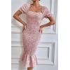 imagePRETTYGARDEN Summer Floral Bodycon Midi Dresses 2026 Puff Sleeve Mermaid Cocktail Baby Shower Photoshoot Maternity DressPink