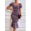 imagePRETTYGARDEN Summer Floral Bodycon Midi Dresses 2026 Puff Sleeve Mermaid Cocktail Baby Shower Photoshoot Maternity DressPurple
