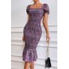 imagePRETTYGARDEN Summer Floral Bodycon Midi Dresses 2026 Puff Sleeve Mermaid Cocktail Baby Shower Photoshoot Maternity DressPurple