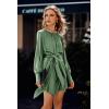 imagePRETTYGARDEN Womens 2023 Spring Satin Dress Long Sleeve Tie Waist Elegant Cocktail Party Mini DressesArmy Green