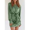 imagePRETTYGARDEN Womens 2023 Spring Satin Dress Long Sleeve Tie Waist Elegant Cocktail Party Mini DressesArmy Green