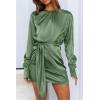 imagePRETTYGARDEN Womens 2023 Spring Satin Dress Long Sleeve Tie Waist Elegant Cocktail Party Mini DressesArmy Green