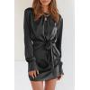 imagePRETTYGARDEN Womens 2023 Spring Satin Dress Long Sleeve Tie Waist Elegant Cocktail Party Mini DressesBlack