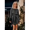 imagePRETTYGARDEN Womens 2023 Spring Satin Dress Long Sleeve Tie Waist Elegant Cocktail Party Mini DressesBlack
