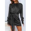 imagePRETTYGARDEN Womens 2023 Spring Satin Dress Long Sleeve Tie Waist Elegant Cocktail Party Mini DressesBlack
