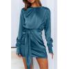 imagePRETTYGARDEN Womens 2023 Spring Satin Dress Long Sleeve Tie Waist Elegant Cocktail Party Mini DressesDark Blue