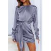 imagePRETTYGARDEN Womens 2023 Spring Satin Dress Long Sleeve Tie Waist Elegant Cocktail Party Mini DressesGrey Blue