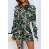 imagePRETTYGARDEN Womens 2023 Spring Satin Dress Long Sleeve Tie Waist Elegant Cocktail Party Mini DressesPrint Dark Green Pink Floral
