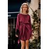 imagePRETTYGARDEN Womens 2023 Spring Satin Dress Long Sleeve Tie Waist Elegant Cocktail Party Mini DressesWine Red