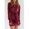 imagePRETTYGARDEN Womens 2023 Spring Satin Dress Long Sleeve Tie Waist Elegant Cocktail Party Mini DressesWine Red
