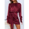imagePRETTYGARDEN Womens 2023 Spring Satin Dress Long Sleeve Tie Waist Elegant Cocktail Party Mini DressesWine Red
