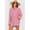 imagePRETTYGARDEN Womens 2024 Fall Two Piece Outfits Lounge Sets Tracksuit Long Sleeve Lapel Shirts Tops And Shorts With Pockets PinkSmall