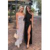 imagePRETTYGARDEN Womens 2024 Summer One Shoulder Satin Dress Cutout High Split Cocktail Wedding Guest Maxi Dresses BlackSmall