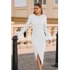 imagePRETTYGARDEN Womens 2025 Fall Long Sleeve Dress Formal Midi Bodycon Wrap Slit Feather Elegant Wedding Guest Cocktail DressesBeige White