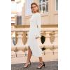 imagePRETTYGARDEN Womens 2025 Fall Long Sleeve Dress Formal Midi Bodycon Wrap Slit Feather Elegant Wedding Guest Cocktail DressesBeige White