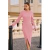 imagePRETTYGARDEN Womens 2025 Fall Long Sleeve Dress Formal Midi Bodycon Wrap Slit Feather Elegant Wedding Guest Cocktail DressesPink