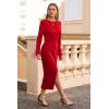 imagePRETTYGARDEN Womens 2025 Fall Long Sleeve Dress Formal Midi Bodycon Wrap Slit Feather Elegant Wedding Guest Cocktail DressesRed