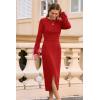 imagePRETTYGARDEN Womens 2025 Fall Long Sleeve Dress Formal Midi Bodycon Wrap Slit Feather Elegant Wedding Guest Cocktail DressesRed