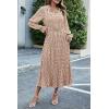 imagePRETTYGARDEN Womens 2026 Spring Fall Midi Dress Casual Long Sleeve V Neck Swiss Dot Pleated A Line Flowy DressesApricot Brown Floral
