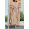imagePRETTYGARDEN Womens 2026 Spring Fall Midi Dress Casual Long Sleeve V Neck Swiss Dot Pleated A Line Flowy DressesApricot Brown Floral