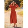 imagePRETTYGARDEN Womens 2026 Spring Fall Midi Dress Casual Long Sleeve V Neck Swiss Dot Pleated A Line Flowy DressesBrick Red