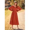 imagePRETTYGARDEN Womens 2026 Spring Fall Midi Dress Casual Long Sleeve V Neck Swiss Dot Pleated A Line Flowy DressesBrick Red