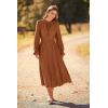 imagePRETTYGARDEN Womens 2026 Spring Fall Midi Dress Casual Long Sleeve V Neck Swiss Dot Pleated A Line Flowy DressesBrown