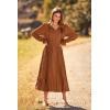 imagePRETTYGARDEN Womens 2026 Spring Fall Midi Dress Casual Long Sleeve V Neck Swiss Dot Pleated A Line Flowy DressesBrown