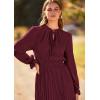 imagePRETTYGARDEN Womens 2026 Spring Fall Midi Dress Casual Long Sleeve V Neck Swiss Dot Pleated A Line Flowy DressesDark Wine Red
