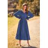 imagePRETTYGARDEN Womens 2026 Spring Fall Midi Dress Casual Long Sleeve V Neck Swiss Dot Pleated A Line Flowy DressesGrey Blue