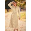 imagePRETTYGARDEN Womens 2026 Spring Fall Midi Dress Casual Long Sleeve V Neck Swiss Dot Pleated A Line Flowy DressesKhaki
