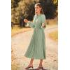 imagePRETTYGARDEN Womens 2026 Spring Fall Midi Dress Casual Long Sleeve V Neck Swiss Dot Pleated A Line Flowy DressesLight Green