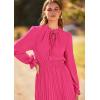 imagePRETTYGARDEN Womens 2026 Spring Fall Midi Dress Casual Long Sleeve V Neck Swiss Dot Pleated A Line Flowy DressesRose Pink