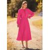 imagePRETTYGARDEN Womens 2026 Spring Fall Midi Dress Casual Long Sleeve V Neck Swiss Dot Pleated A Line Flowy DressesRose Pink