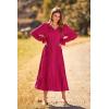 imagePRETTYGARDEN Womens 2026 Spring Fall Midi Dress Casual Long Sleeve V Neck Swiss Dot Pleated A Line Flowy DressesRose Red