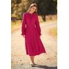 imagePRETTYGARDEN Womens 2026 Spring Fall Midi Dress Casual Long Sleeve V Neck Swiss Dot Pleated A Line Flowy DressesRose Red