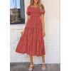 imagePRETTYGARDEN Womens 2026 Summer Casual Midi Dresses Square Neck Short Sleeve Smocked A Line Floral Flowy Elegant Boho DressBean Paste Red