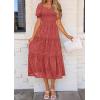 imagePRETTYGARDEN Womens 2026 Summer Casual Midi Dresses Square Neck Short Sleeve Smocked A Line Floral Flowy Elegant Boho DressBean Paste Red