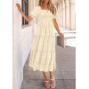 imagePRETTYGARDEN Womens 2026 Summer Casual Midi Dresses Square Neck Short Sleeve Smocked A Line Floral Flowy Elegant Boho DressBeige