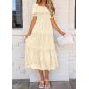 imagePRETTYGARDEN Womens 2026 Summer Casual Midi Dresses Square Neck Short Sleeve Smocked A Line Floral Flowy Elegant Boho DressBeige